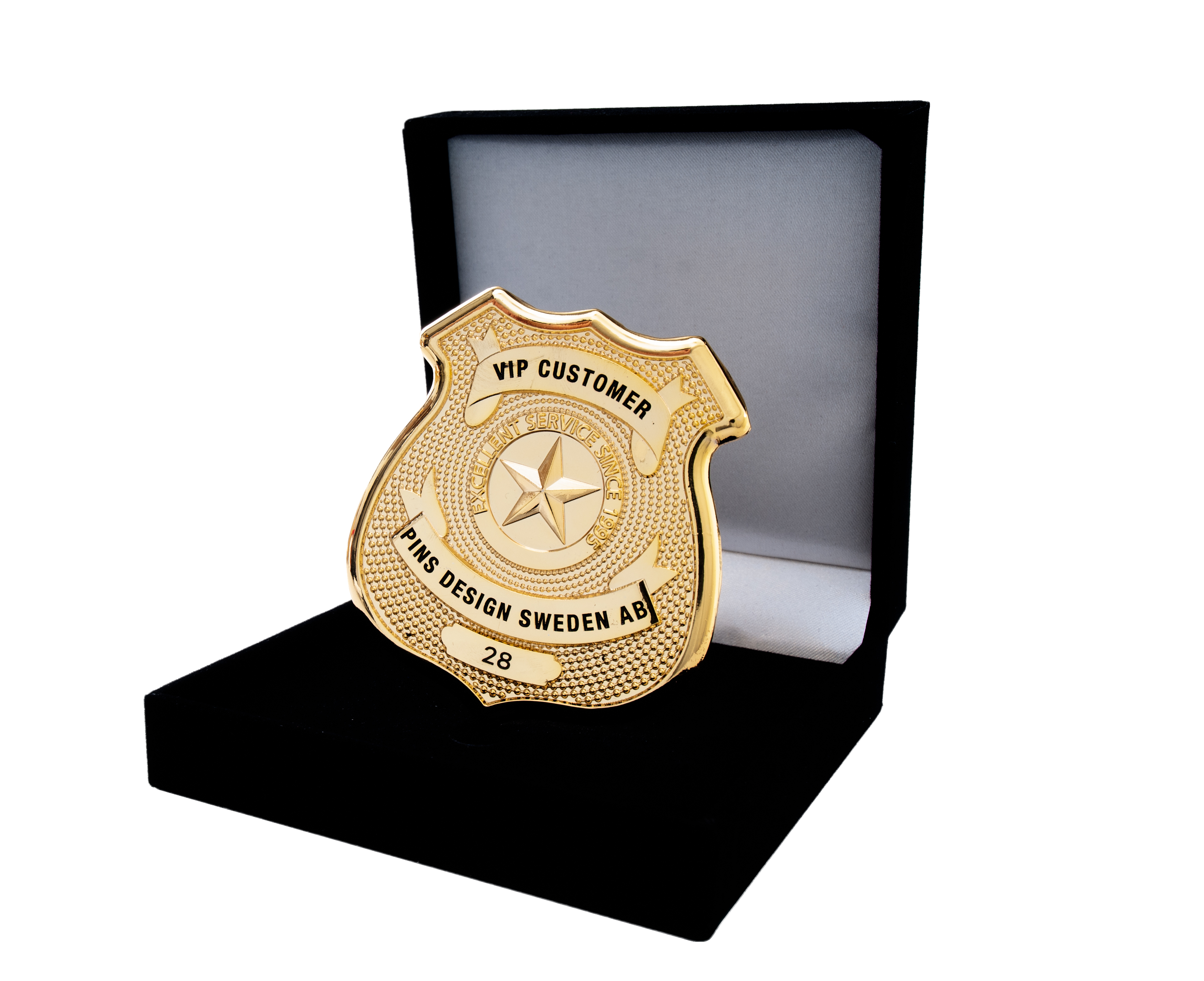 Guldpläterad badge med pad-print